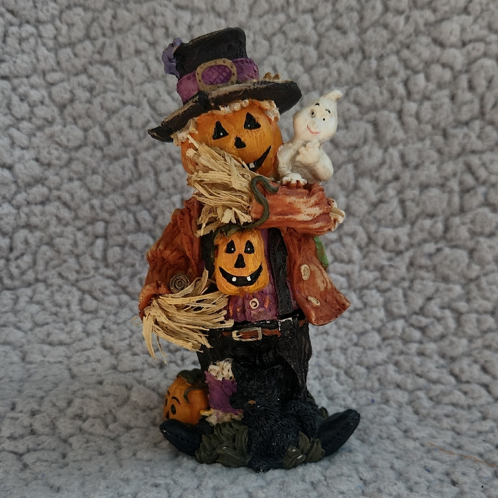 Halloween Vintage Spooky, Silly Scarecrow Figurine with Pumpkin, Ghost And Cat